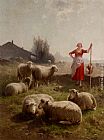 Shepherdess Canvas Paintings - A Shepherdess And Her Flock